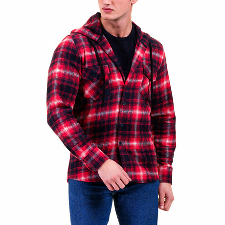 Big Plaid Pattern Hooded Flannel // Red + White + Black (S)