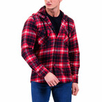 Big Plaid Pattern Hooded Flannel // Red + White + Black (L)