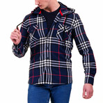 Big Plaid Pattern Hooded Flannel // Navy Blue + Red + White (L)