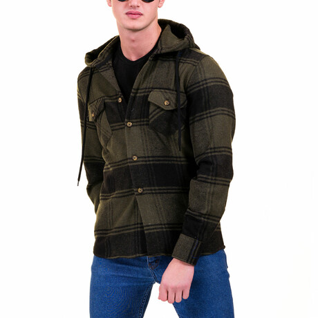 Checkered Pattern Hooded Flannel // Olive Green + Black (S)
