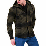 Checkered Pattern Hooded Flannel // Olive Green + Black (2XL)