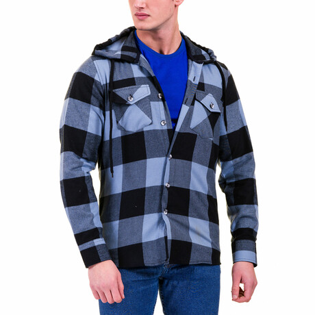 Big Checkered Pattern Hooded Flannel // Blue + Black (S)