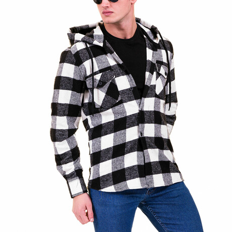 Checkered Pattern Hooded Flannel // Black + White (S)