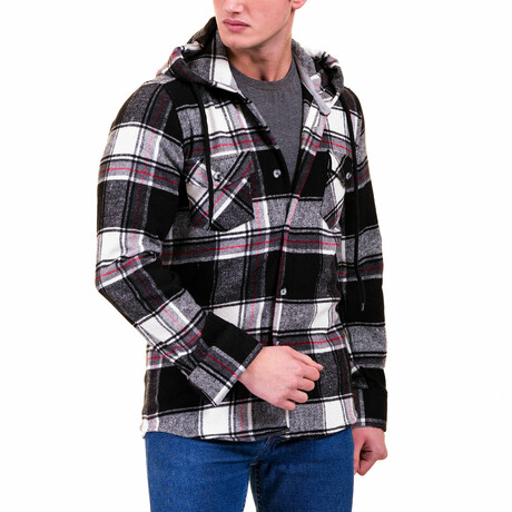 Plaid Hooded Flannel // Black + White + Red (S)