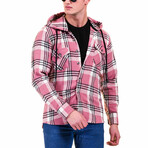 Plaid Pattern Hooded Flannel // Pink + Black + White (2XL)