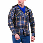 Big Plaid Pattern Hooded Flannel // Blue + Tan + Gray (L)