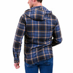 Big Plaid Pattern Hooded Flannel // Blue + Tan + Gray (XL)