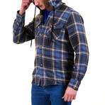 Big Plaid Pattern Hooded Flannel // Blue + Tan + Gray (XL)