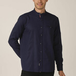 Gunnar Band Collar Button Up // Navy Blue (Medium)