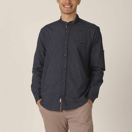 Dylan Mandarin Collar Button Up // Navy + White (Medium)