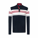 Tony Button Collar Pullover // Navy + White + Red (XL)