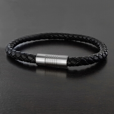 Polished Stainless Steel Magnetic Clasp + Leather Bracelet // 8.5"