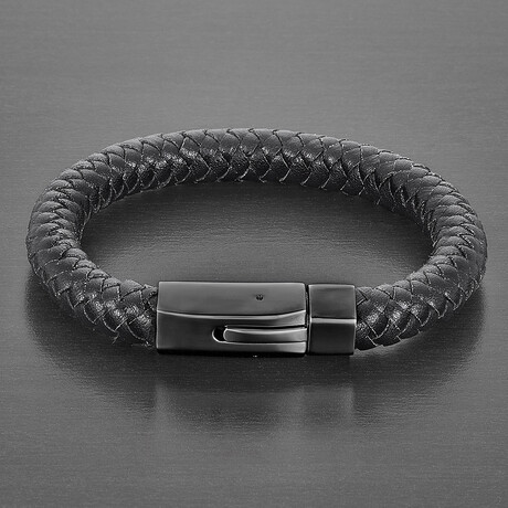 Distressed Black Leather + Polished Stainless Steel Clasp Bracelet // 8.5"