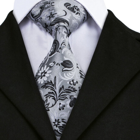 Fleur Handcrafted Silk Tie // Silver + Black + White