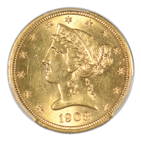 1908 $5 Gold Liberty Head // PCGS Certified MS64 // Wood Presentation Box