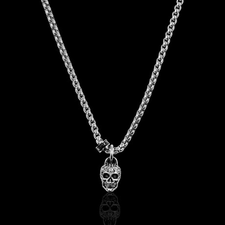 Polished + Antiqued Stainless Steel + Small Skull Pendant // Silver // 24"