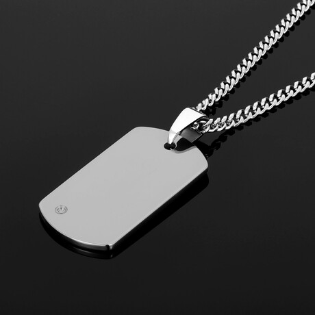 Diamond Accent + Tungsten Carbide Stainless Steel Dog Tag Necklace // Silver // 24"