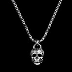 Antique + Polished Stainless Steel Large Skull Pendant Necklace // 24"