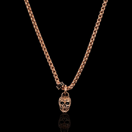 Polished and Antiqued Rose Gold Plated Small Skull Stainless Steel Pendant // 24"