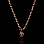 Polished + Antiqued Rose Gold Plated Small Skull Stainless Steel Pendant // 24"