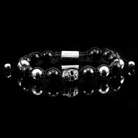 Stainless Steel Skull + Onyx Stone Adjustable Bracelet // 8.5"