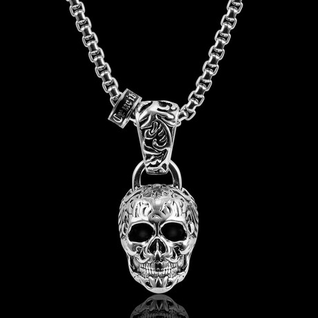 Polished + Antiqued Stainless Steel + Extra-Large Skull Pendant // Silver // 28"