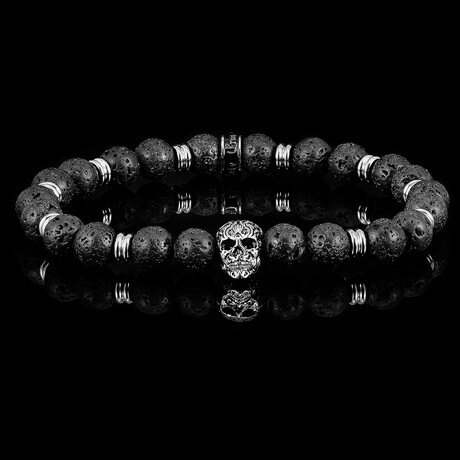 Antiqued Stainless Steel Skull + Lava Stones Stretch Bracelet // Black + Silver // 8mm