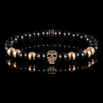 Rose Gold Plated Steel Skull + Onyx Stone Bead Stretch Bracelet // 8"