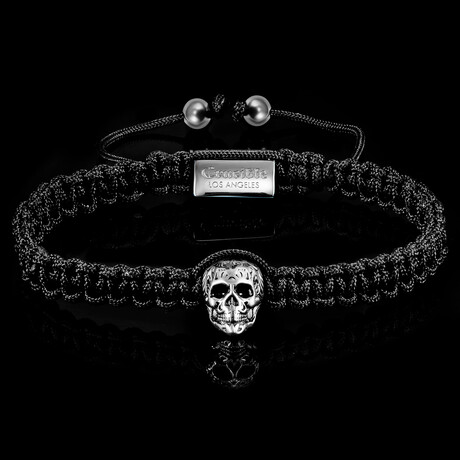 Single Skull Adjustable Bracelet // Black + Silver // 6mm
