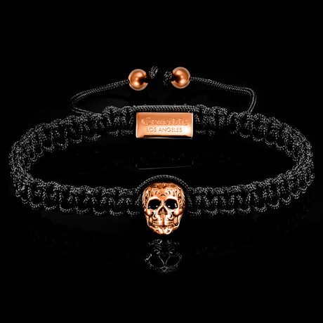 Single Skull Adjustable Bracelet // Black + Rose Gold // 6mm