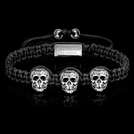 Triple Skull Adjustable Bracelet // Black + Silver // 6mm