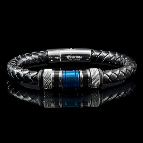 Stainless Steel Accents + Distressed Leather Cuff Bracelet // Blue + Black + Silver // 8mm