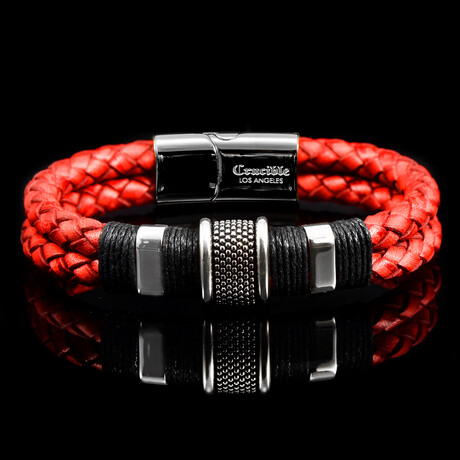 Stainless Steel Accents + Distressed Leather Cuff Bracelet // Red + Silver // 12mm