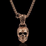 Antique + Polished Rose Gold Plated Stainless Steel X-Large Skull Pendant Necklace // 28"