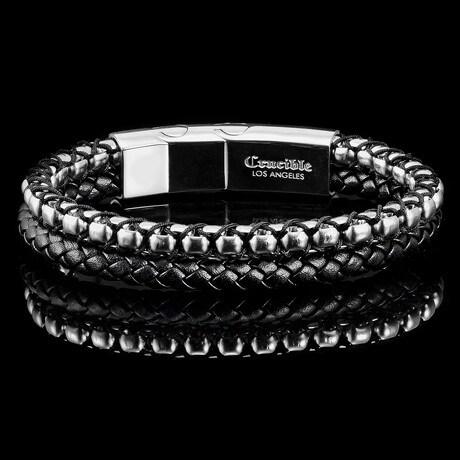 Polished Stainless Steel Box Chain + Leather Cuff Bracelet // Black + Silver // 8"
