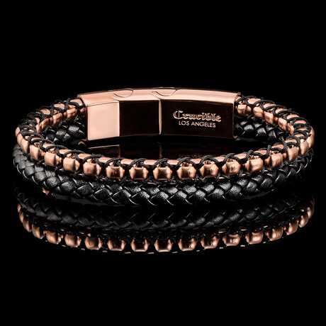 Polished Stainless Steel Box Chain + Leather Cuff Bracelet // Black + Rose Gold // 8"
