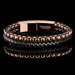 Polished Rose Gold Plated Stainless Steel Box Chain + Leather Cuff Bracelet // 8.5"