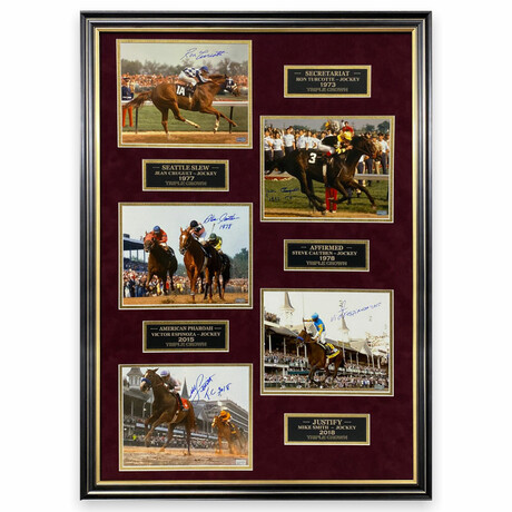 Secretariat, Seattle Slew, Affirmed, American Pharoah & Justify // Ron Tucotte, Jean Cruguet, Steve Cauthen, Victor Espinoza & Mike Smith // Signed Photographs + Framed