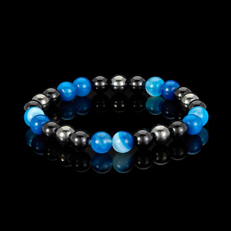 Blue Banded Agate + Onyx + Magnetic Hematite Stone Stretch Bracelet // 8"
