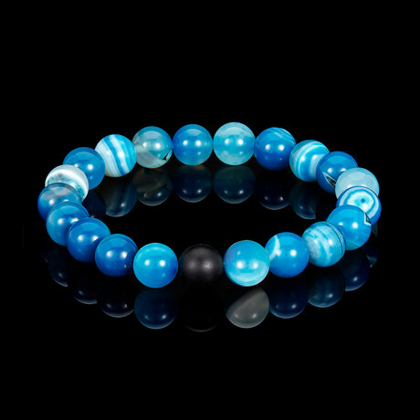 Blue Banded Agate + Matte Onyx Stone Stretch Bracelet // 8.25"