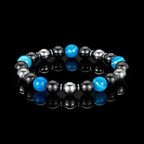 Blue Banded Agate + Onyx + Magnetic Hematite Stone Stretch Bracelet // 8.5"