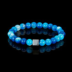 Blue Banded Agate + Hematite Cube Stone Stretch Bracelet // 8"