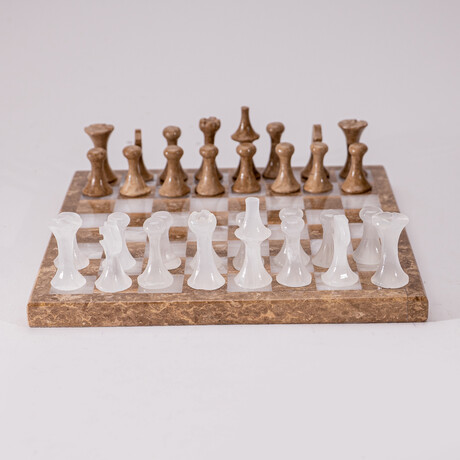 Genuine Small Italian Style Onyx Chess Set // Brown + White