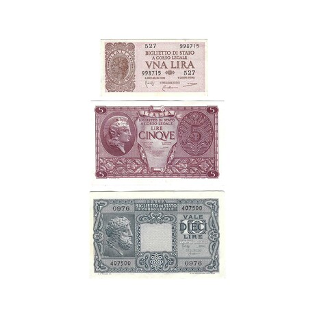 1944 WWII Italy Provisional Government Banknotes // 1-5-10 Lire // Set of 3 // Choice Crisp Uncirculated Condition