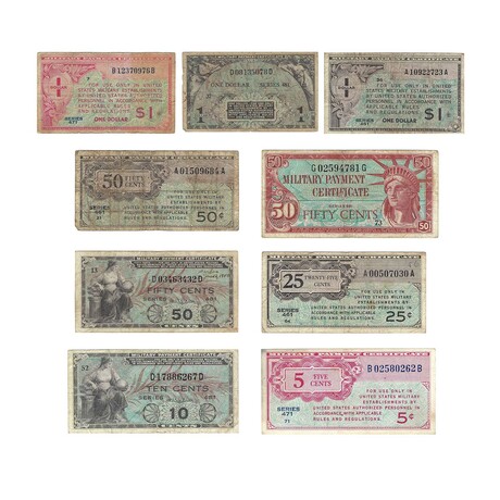 1946 to 1964 Military Payment Certificates // Post WWII // 5 Cents to $1 // Set of 9 // Fine to Extra Fine Condition