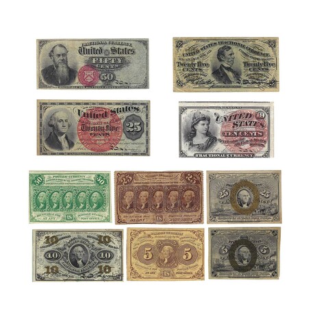 1860s to 1880s Fractional Currency // 5-10-25-50 Cent Notes // Set of 10 // Extra Fine to Uncirculated Condition