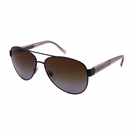 Burberry // Unisex BE3084 1212T5 Aviator Polarized Sunglasses // Brushed Brown + Brown Gradient