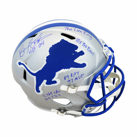 Barry Sanders // Detroit Lions // Signed T/B Riddell Full Size Speed Replica Helmet w/ 7 Inscriptions