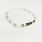 Moss Agate + Green Aventurine + Glass Bead Bracelet // Green + White + Gold
