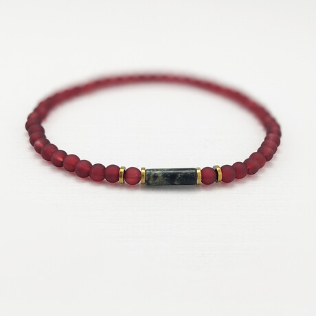 Rhyolite Jasper + Glass Bead Bracelet // Red + Green + Gold